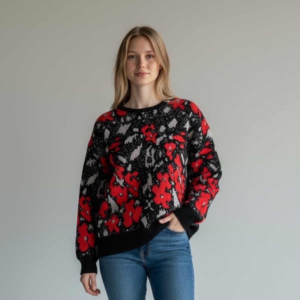 Floral Patterned Crew Neck Sweater